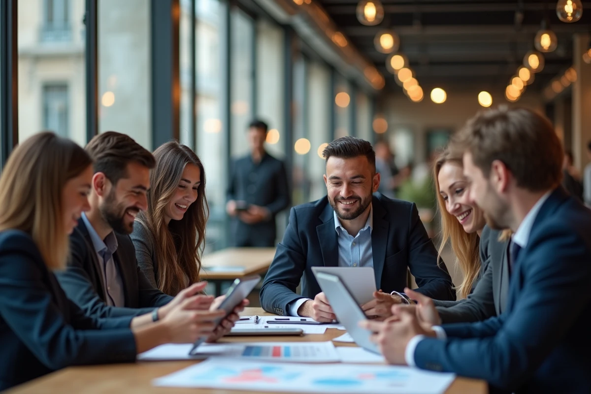 Groupe de professionnels financiers en discussion dans un espace de coworking