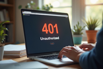 Ecran d'ordinateur affichant erreur 401 Unauthorized en bureau lumineux