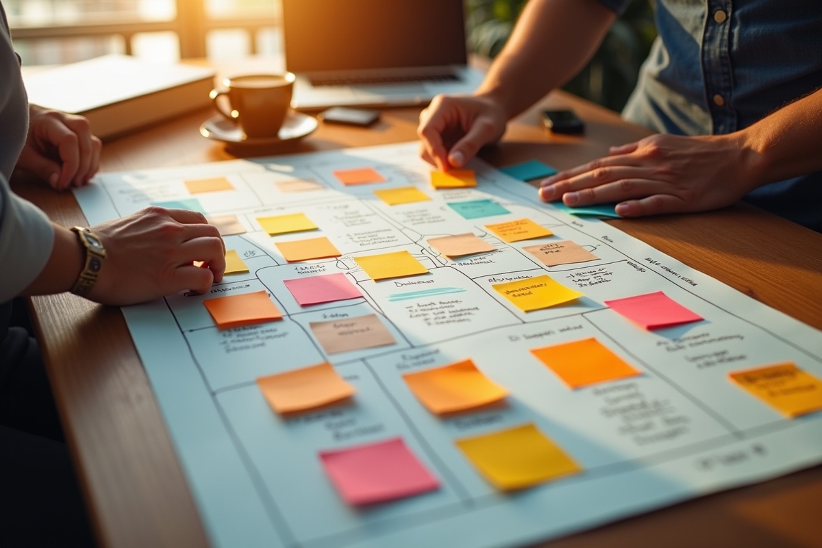 Espace de travail créatif avec notes colorées et ordinateur portable
