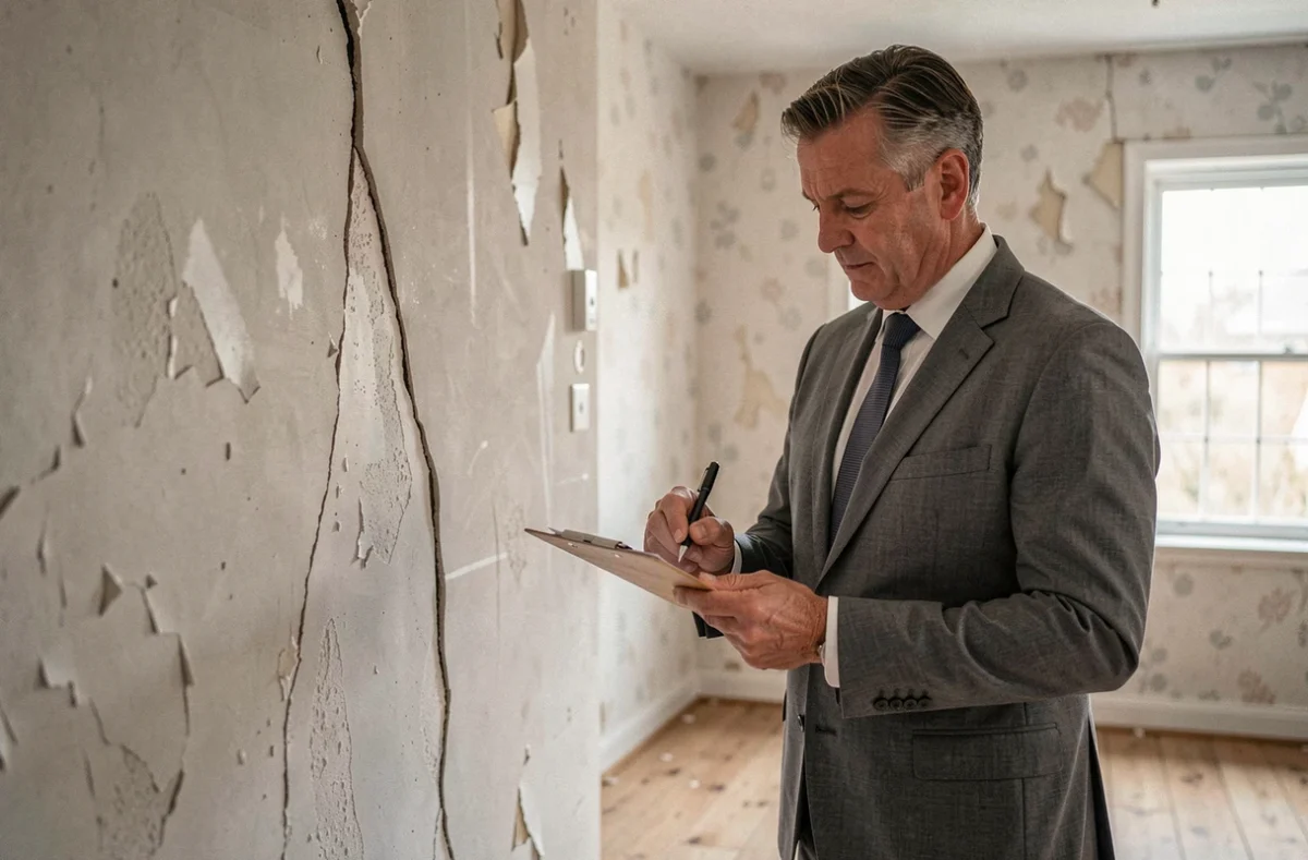 Expert en assurance évaluant des dommages structurels dans une maison dans le cadre d'une garantie décennale