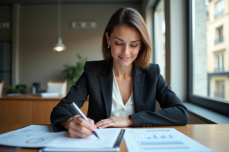 Femme d'affaires confiante examinant des documents d'investissement