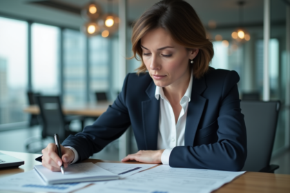 Femme d'affaires concentrée examinant des documents financiers