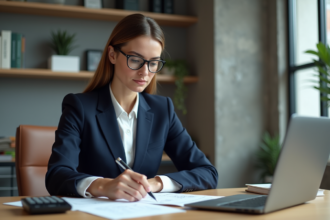 Femme d'affaires concentrée au bureau avec documents et ordinateur