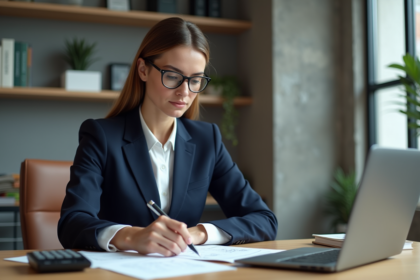 Femme d'affaires concentrée au bureau avec documents et ordinateur