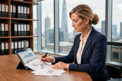 Femme cadre analysant un portefeuille de SCPI et documents immobiliers dans un bureau moderne