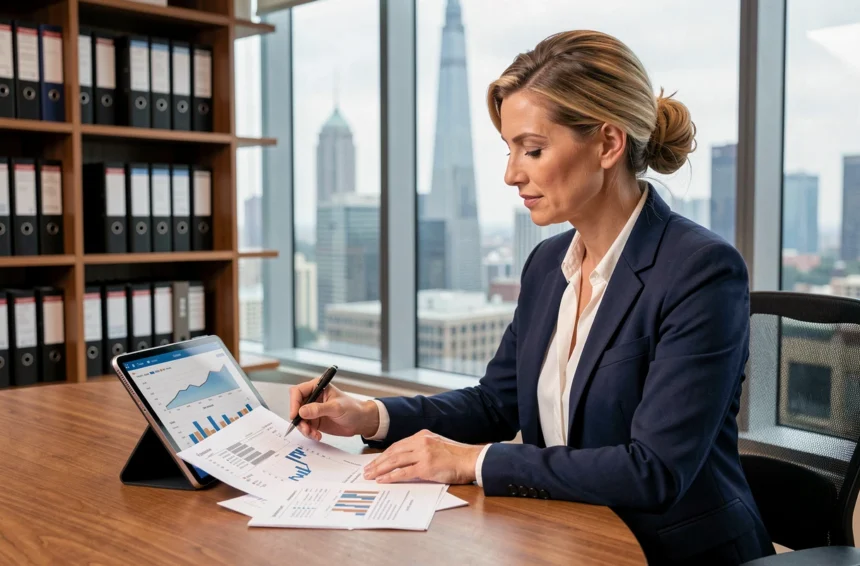 Femme cadre analysant un portefeuille de SCPI et documents immobiliers dans un bureau moderne