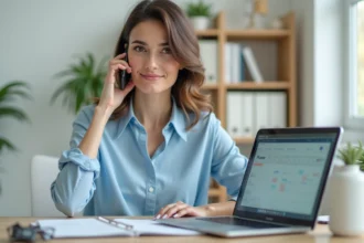 Femme au téléphone dans un bureau à domicile, appelant le service client Cetelem depuis son smartphone