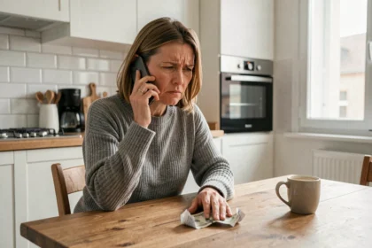 Femme frustrée au téléphone avec le service client Cofidis, assise dans sa cuisine avec une facture froissée devant elle
