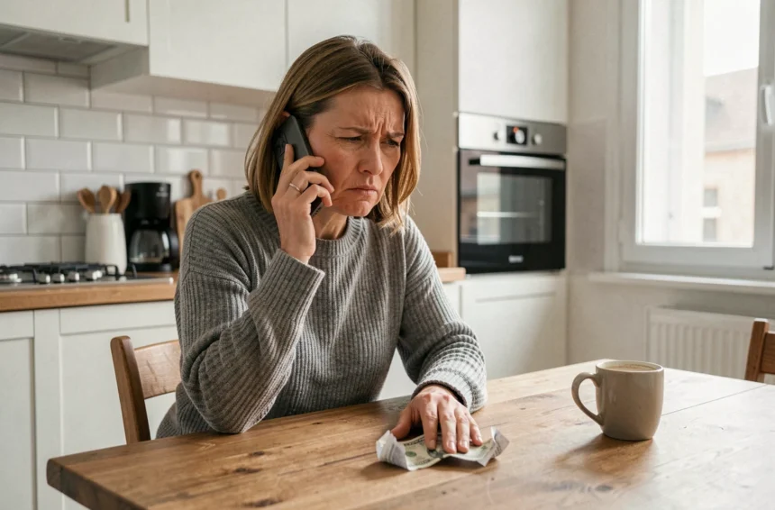 Femme frustrée au téléphone avec le service client Cofidis, assise dans sa cuisine avec une facture froissée devant elle