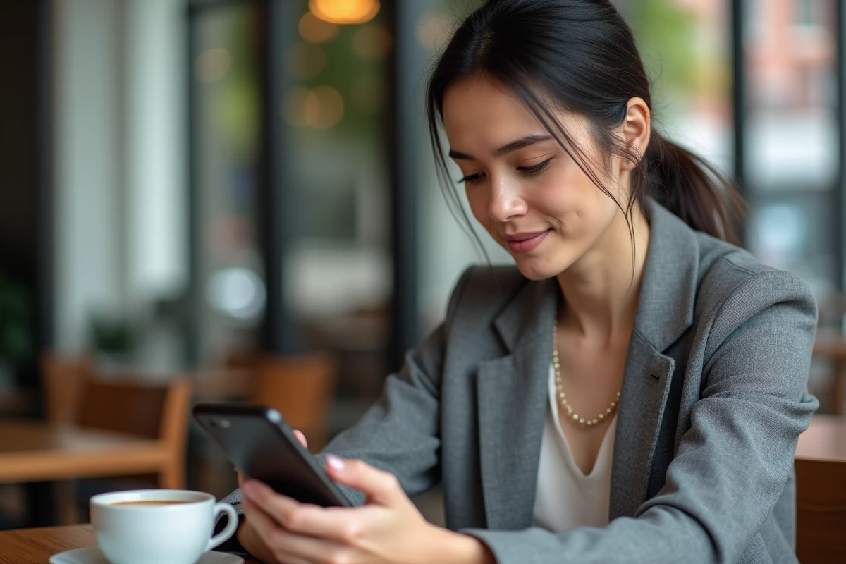 Femme consultant l'application Boursorama sur smartphone pour modifier le plafond de virement dans un café