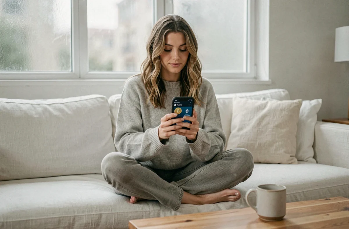 Jeune femme utilisant l'application mobile eToro pour investir dans des cryptomonnaies depuis son salon