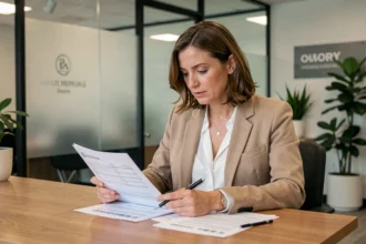Femme consultant des documents d'assurance auto dans une agence à Challans