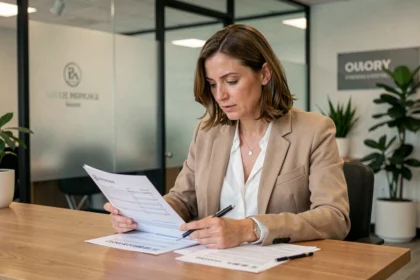 Femme consultant des documents d'assurance auto dans une agence à Challans
