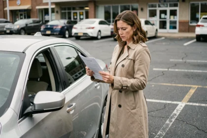 Femme consultant des documents d'assurance auto à côté de sa voiture dans un parking, illustrant le choix entre assurance au tiers et tous risques