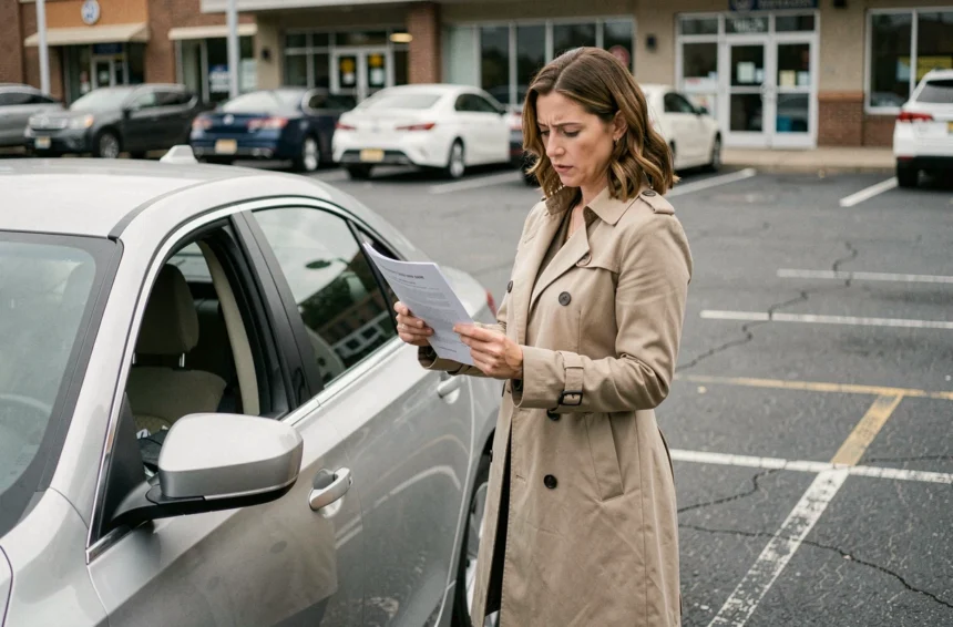 Femme consultant des documents d'assurance auto à côté de sa voiture dans un parking, illustrant le choix entre assurance au tiers et tous risques