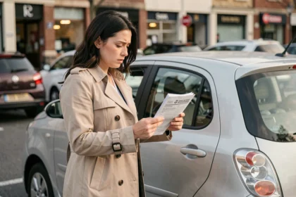 Femme consultant un document d'assurance auto tiers devant sa voiture en ville