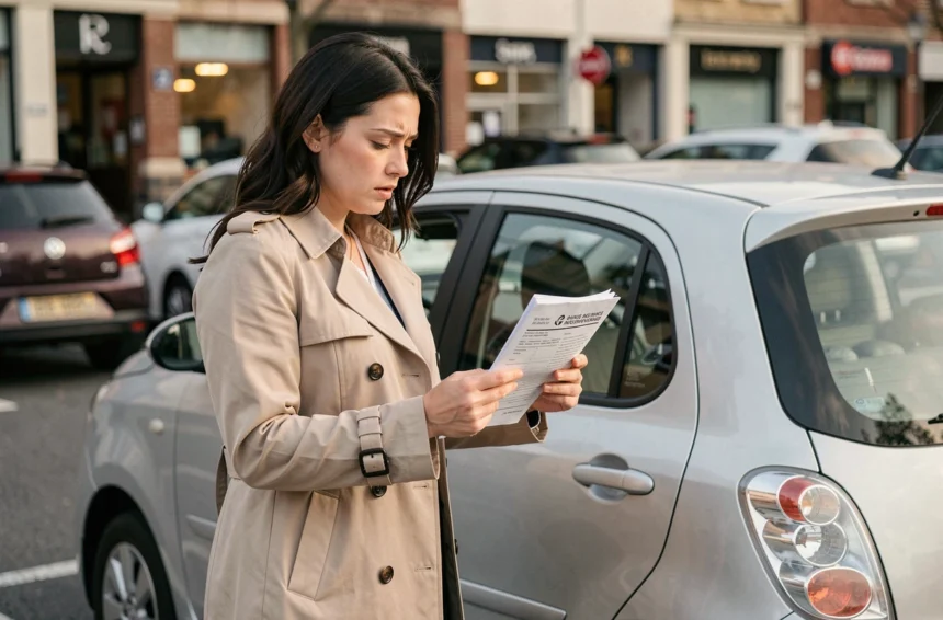 Femme consultant un document d'assurance auto tiers devant sa voiture en ville