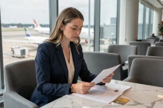 Femme consultant les documents d'assurance voyage Amex Gold dans un salon d'aéroport moderne