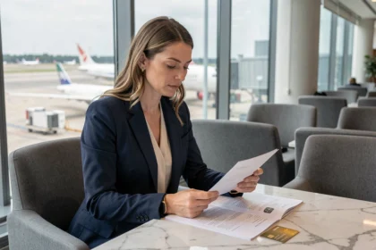 Femme consultant les documents d'assurance voyage Amex Gold dans un salon d'aéroport moderne