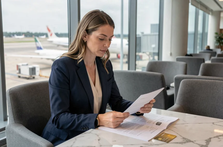 Femme consultant les documents d'assurance voyage Amex Gold dans un salon d'aéroport moderne