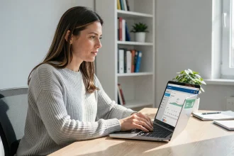 Femme utilisant un ordinateur portable pour accéder à sa banque en ligne depuis un bureau à domicile moderne