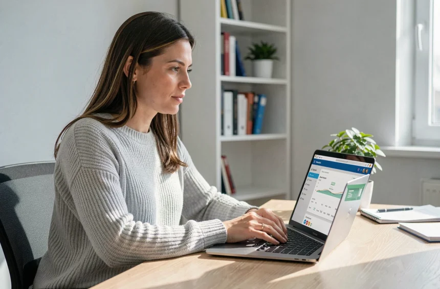 Femme utilisant un ordinateur portable pour accéder à sa banque en ligne depuis un bureau à domicile moderne