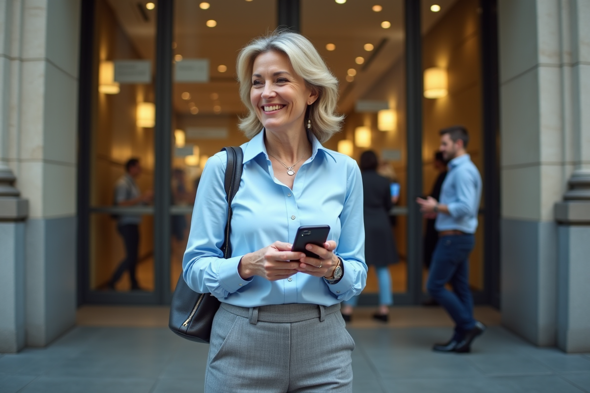 Femme souriante après transaction bancaire en ville