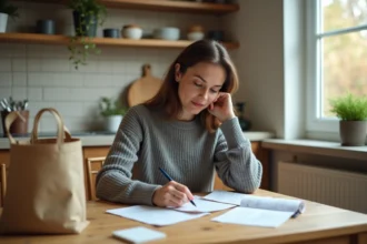 Femme consultant ses notes de budget et ses reçus d'achats sur une table en bois dans une cuisine moderne pour économiser au quotidien