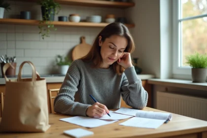Femme consultant ses notes de budget et ses reçus d'achats sur une table en bois dans une cuisine moderne pour économiser au quotidien