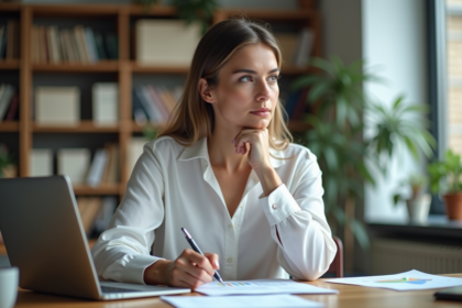 Femme réfléchissant dans un bureau moderne avec documents
