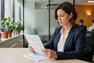 Femme professionnelle consultant un document de contrat d'assurance ACM IARD SA dans un bureau moderne
