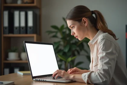 Femme au bureau à domicile regardant un écran blanc