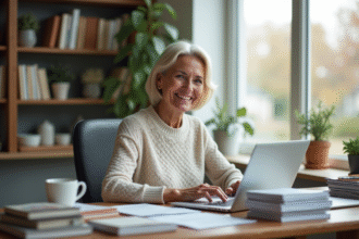 Femme d'une soixantaine d'années travaillant sur son ordinateur dans un bureau