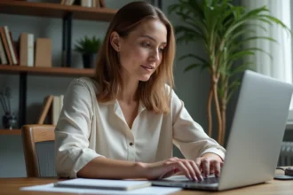 Femme concentrée travaillant à son bureau à domicile