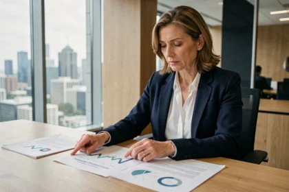 Femme cadre analysant des documents d'investissement en SCPI dans un bureau moderne avec vue sur la ville
