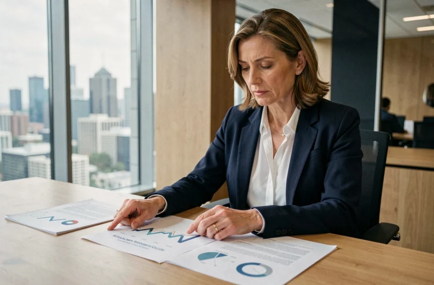 Femme cadre analysant des documents d'investissement en SCPI dans un bureau moderne avec vue sur la ville