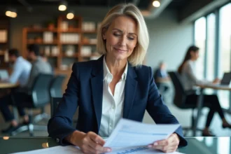 Femme cadre en entreprise analysant des graphiques de progression salariale sur son bureau en open space