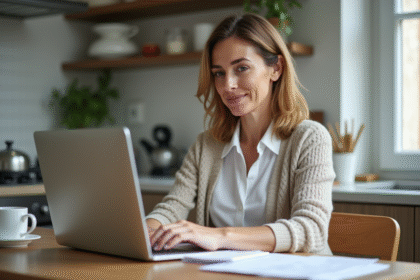 Femme d'âge moyen utilisant un calculateur de retraite à la maison