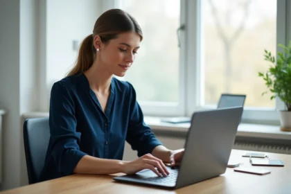 Femme utilisant un service de carte bancaire virtuelle Crédit Mutuel sur son ordinateur portable dans un bureau à domicile