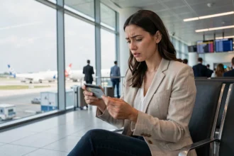 Femme examinant sa carte Visa Classic et ses documents de voyage dans un aéroport international