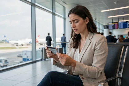 Femme examinant sa carte Visa Classic et ses documents de voyage dans un aéroport international