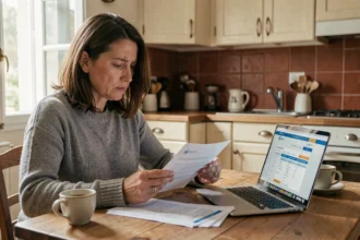 Femme au chômage comparant des mutuelles santé sur son ordinateur portable à la maison