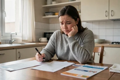 Femme au chômage qui compare des offres de mutuelle santé à la maison, assise à une table de cuisine avec des documents