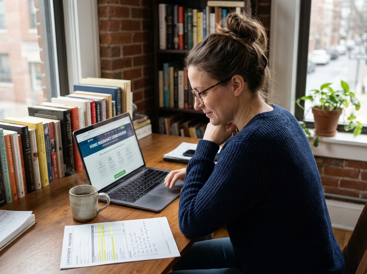 Femme comparant des offres d'assurance emprunteur sur ordinateur portable dans un bureau à domicile