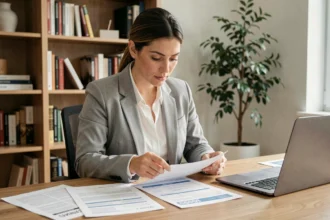 Femme comparant des documents d'assurance auto à son bureau à domicile
