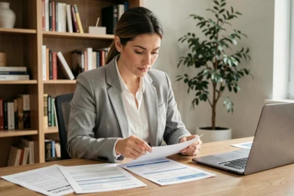 Femme comparant des documents d'assurance auto à son bureau à domicile