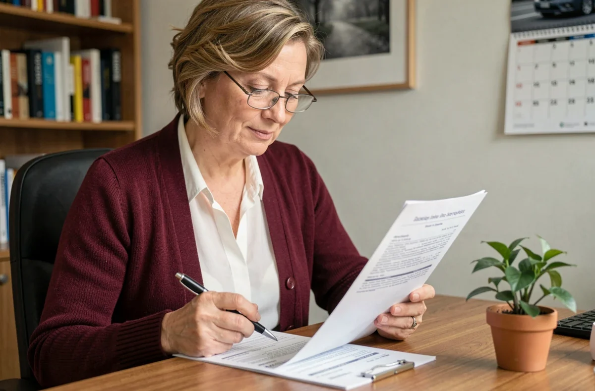 Femme mature étudiant un contrat d'assurance auto au tiers dans un bureau à domicile