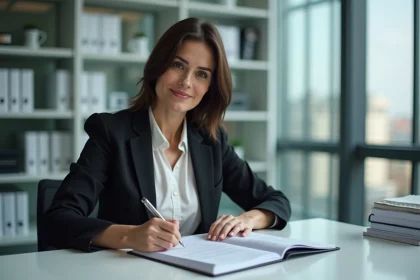 Femme en blazer prenant des notes avec manuel d'assurance