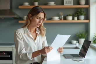 Femme en réflexion examinant un document de mortgage à la maison