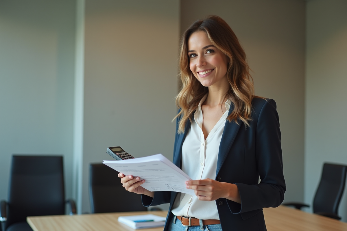 Jeune femme en blouse et blazer tenant une calculatrice et factures